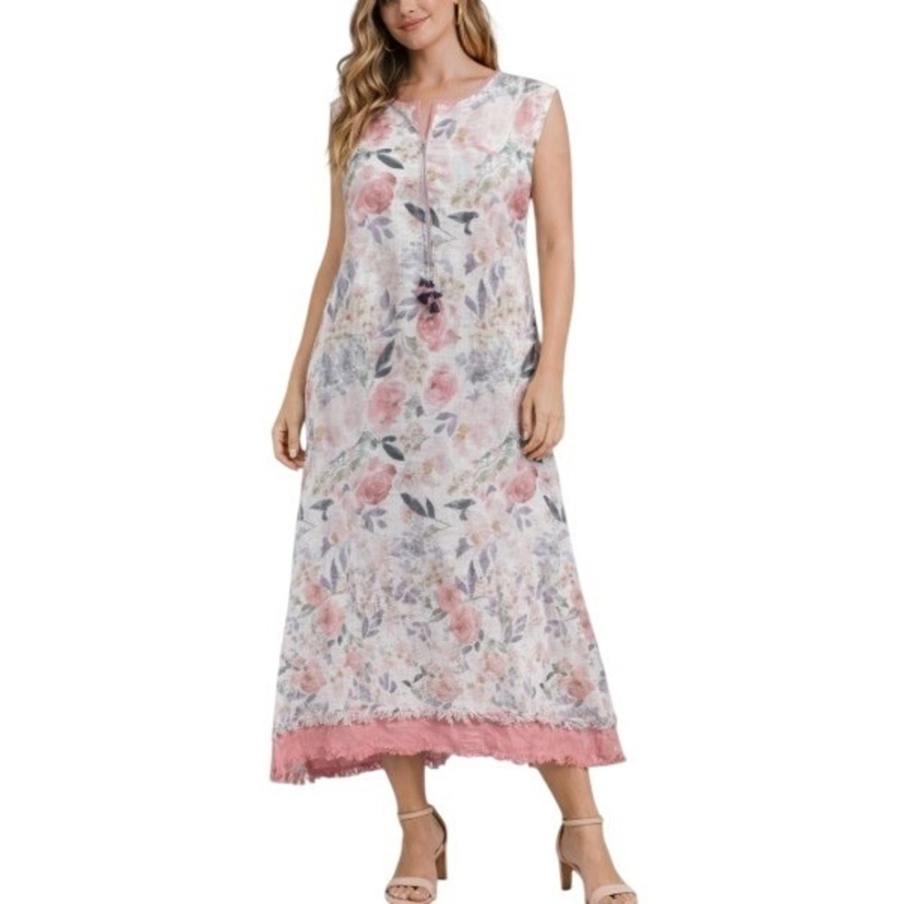 Linen and Linens Midi Dress White Floral A Line Euro Summer Resort Wear Size L